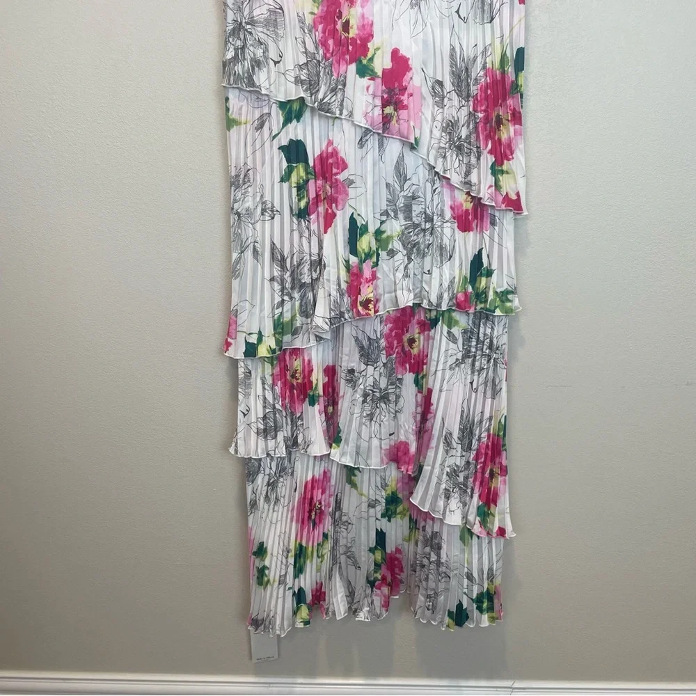 Abercrombie & Fitch Giselle Pleated Tiered Maxi Dress Satin White Floral XL TALL